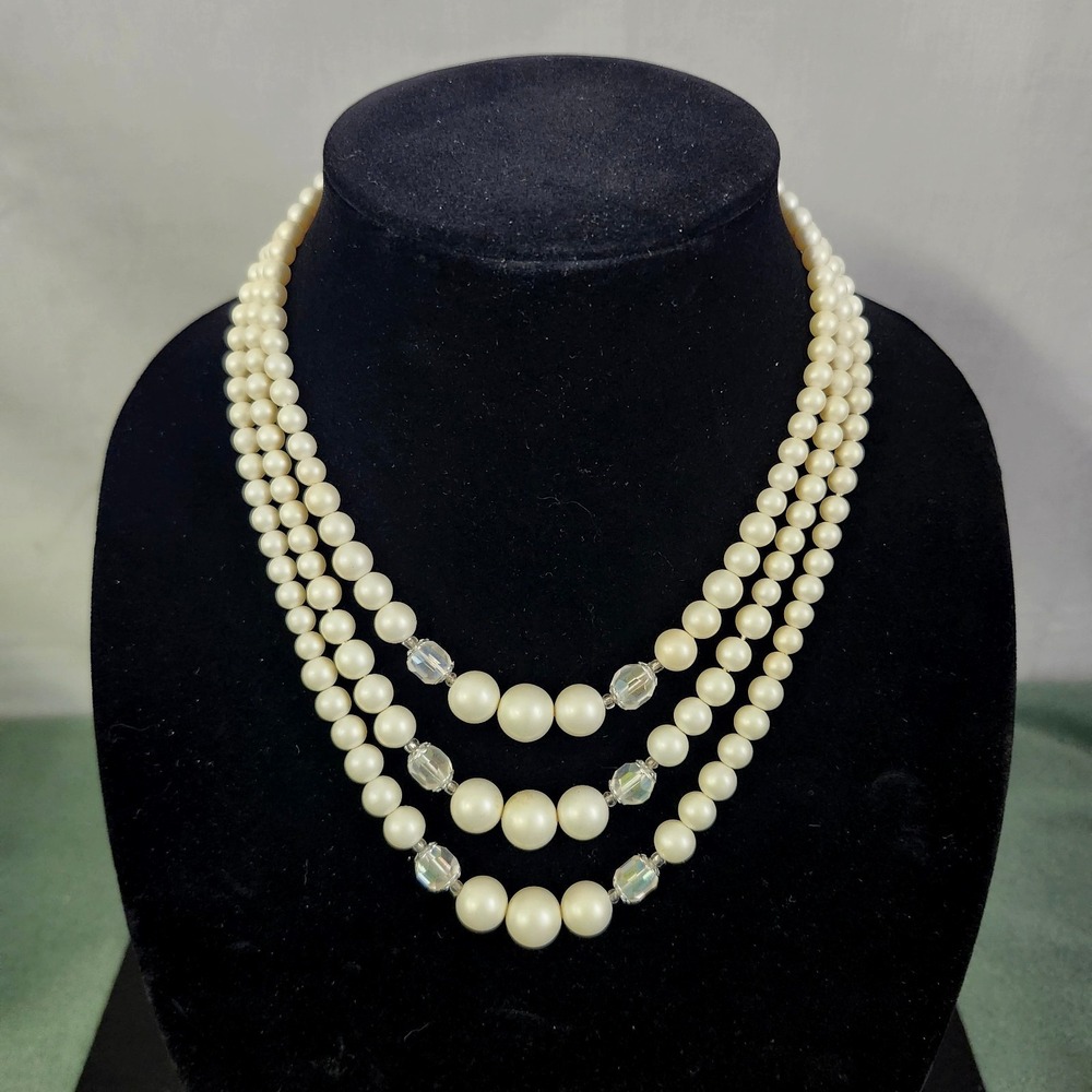 Vintage Faux Pearl Collar Necklace 3 Strand with Silvertone Clasp Accent Stone